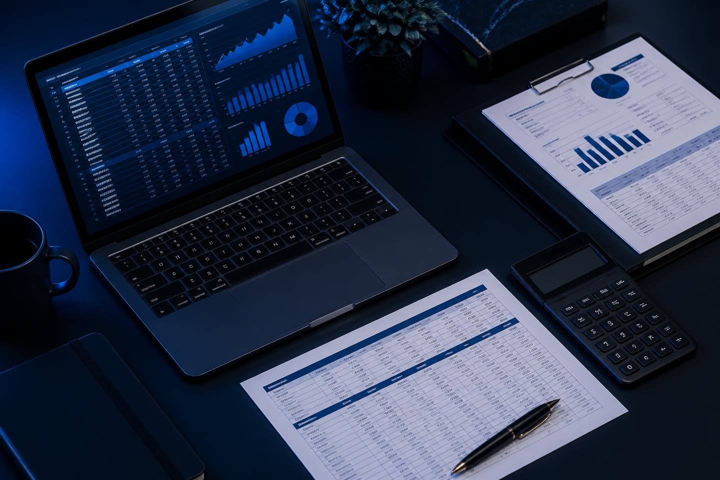 Accounting workspace with a spreadsheet dashboard, printed MIS reports and a calculator